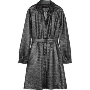 NEW Vanessa Seward Silk Gunmetal Silver Metallic Robe Cherry Belted Dress Small